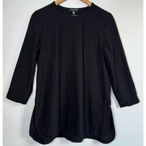 Eileen Fisher Womens Medium Black Tunic Blouse Curved Hem Minimalist Lagenlook